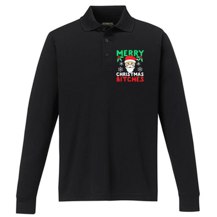 Merry Christmas Bitches Inappropriate Christmas Performance Long Sleeve Polo