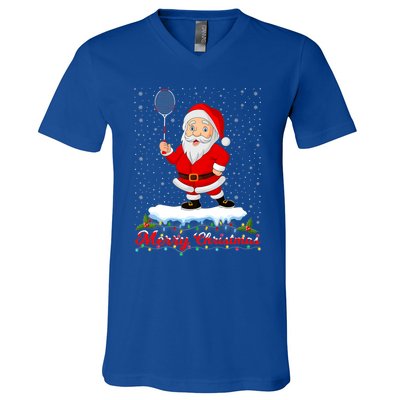 Merry Christmas Badminton Shuttlecock Santa Lights Xmas Cool Gift V-Neck T-Shirt