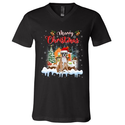 Merry Christmas Boxer Dog Santa Hat Lights Xmas V-Neck T-Shirt