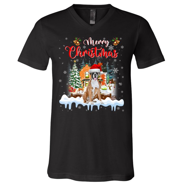 Merry Christmas Boxer Dog Santa Hat Lights Xmas V-Neck T-Shirt