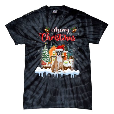 Merry Christmas Boxer Dog Santa Hat Lights Xmas Tie-Dye T-Shirt