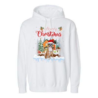 Merry Christmas Boxer Dog Santa Hat Lights Xmas Garment-Dyed Fleece Hoodie