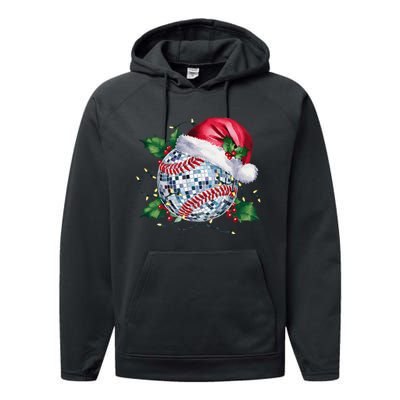 Merry Christmas Baseball Disco Ball Santa Hat Xmas Light Performance Fleece Hoodie