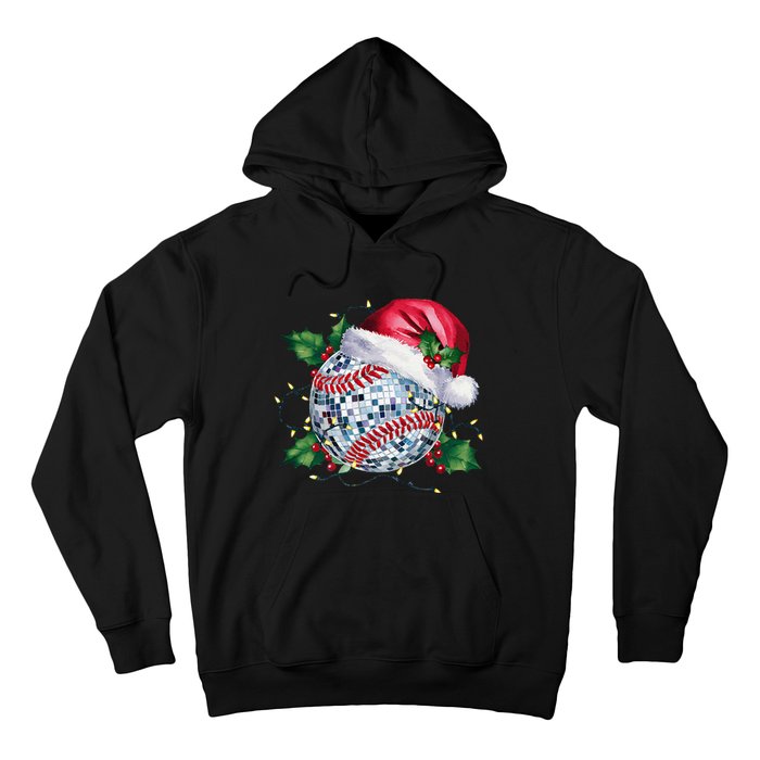 Merry Christmas Baseball Disco Ball Santa Hat Xmas Light Hoodie