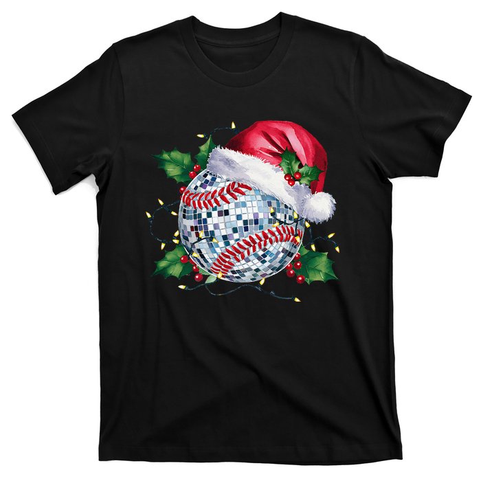 Merry Christmas Baseball Disco Ball Santa Hat Xmas Light T-Shirt