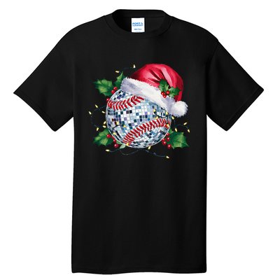 Merry Christmas Baseball Disco Ball Santa Hat Xmas Light Tall T-Shirt