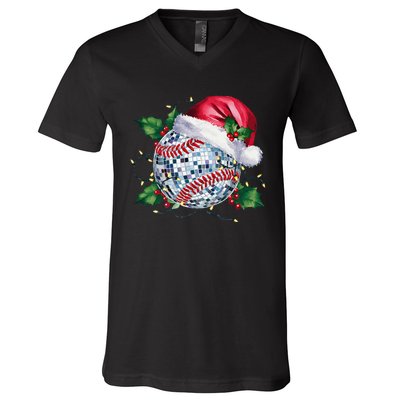 Merry Christmas Baseball Disco Ball Santa Hat Xmas Light V-Neck T-Shirt