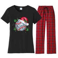 Merry Christmas Baseball Disco Ball Santa Hat Xmas Light Women's Flannel Pajama Set