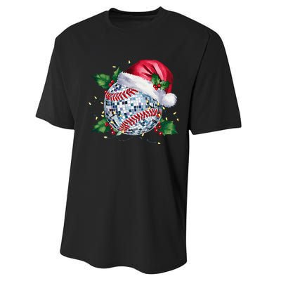 Merry Christmas Baseball Disco Ball Santa Hat Xmas Light Performance Sprint T-Shirt