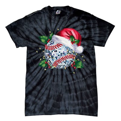 Merry Christmas Baseball Disco Ball Santa Hat Xmas Light Tie-Dye T-Shirt