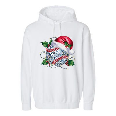 Merry Christmas Baseball Disco Ball Santa Hat Xmas Light Garment-Dyed Fleece Hoodie