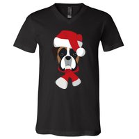 Merry Christmas Boxer Dog With Santa Hat V-Neck T-Shirt