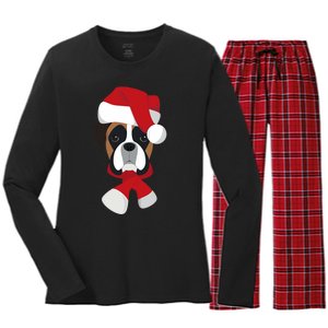 Merry Christmas Boxer Dog With Santa Hat Women's Long Sleeve Flannel Pajama Set 