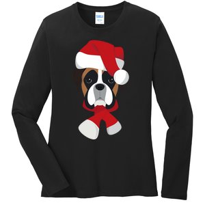 Merry Christmas Boxer Dog With Santa Hat Ladies Long Sleeve Shirt