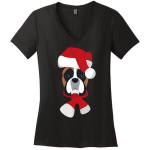 Merry Christmas Boxer Dog With Santa Hat Women's V-Neck T-Shirt