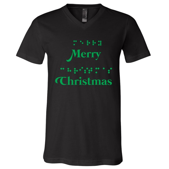 Merry Christmas Braille Alphabet Dots Xmas Top Holiday Gifts Long Sleeve V-Neck T-Shirt