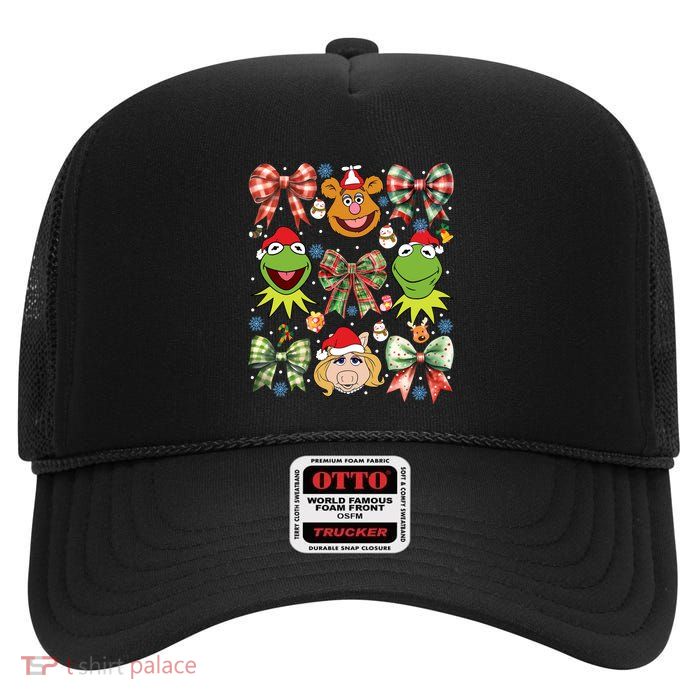 Muppet Christmas Coquette Bow Miss Piggy Fozzie Bear Kermit The Frog High Crown Mesh Back Trucker Hat