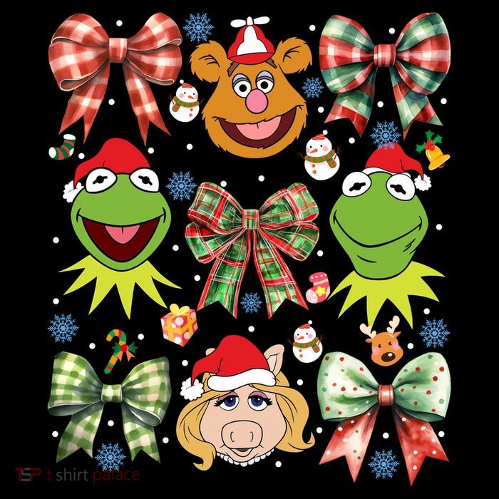 Muppet Christmas Coquette Bow Miss Piggy Fozzie Bear Kermit The Frog Women's V-Neck T-Shirt