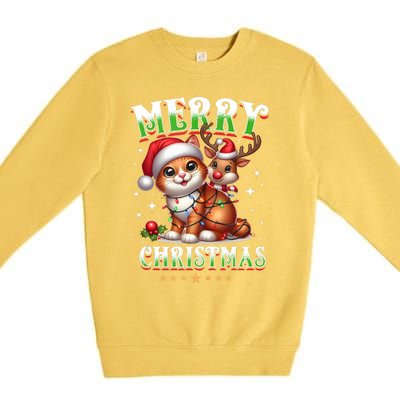 Merry Christmas Cat & Reindeer Santa Fairy Lights Xmas Tank Top Premium Crewneck Sweatshirt