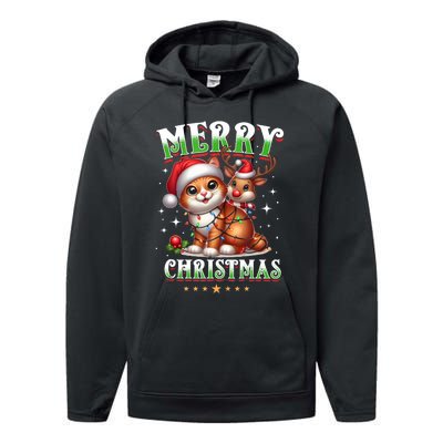 Merry Christmas Cat & Reindeer Santa Fairy Lights Xmas Tank Top Performance Fleece Hoodie