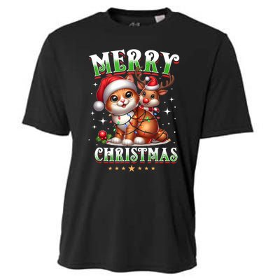 Merry Christmas Cat & Reindeer Santa Fairy Lights Xmas Tank Top Cooling Performance Crew T-Shirt