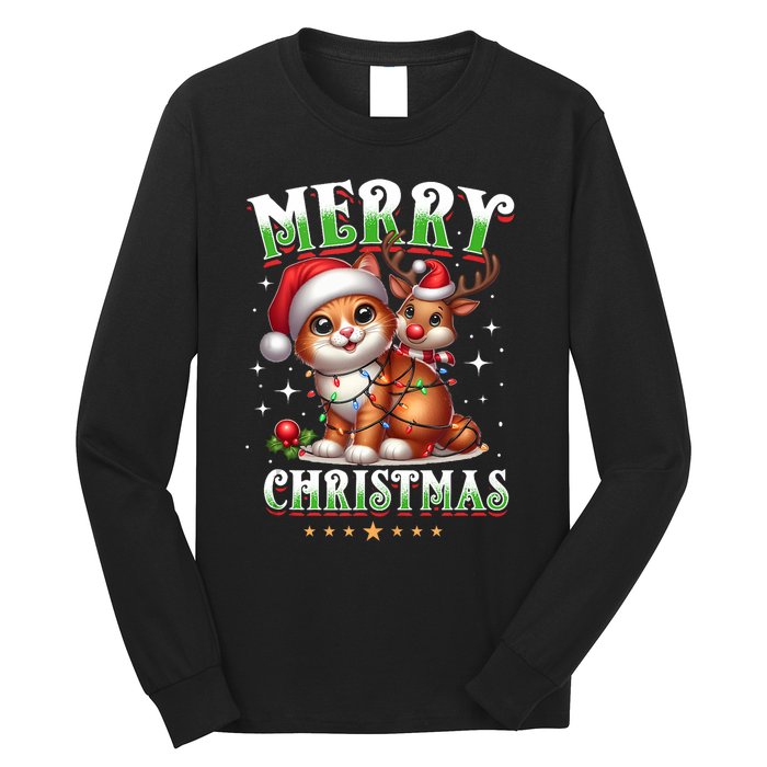 Merry Christmas Cat & Reindeer Santa Fairy Lights Xmas Tank Top Long Sleeve Shirt