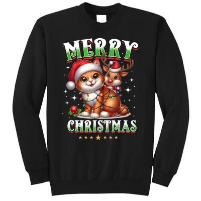 Merry Christmas Cat & Reindeer Santa Fairy Lights Xmas Tank Top Sweatshirt