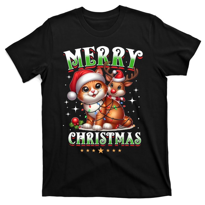 Merry Christmas Cat & Reindeer Santa Fairy Lights Xmas Tank Top T-Shirt