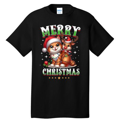 Merry Christmas Cat & Reindeer Santa Fairy Lights Xmas Tank Top Tall T-Shirt