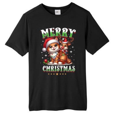 Merry Christmas Cat & Reindeer Santa Fairy Lights Xmas Tank Top Tall Fusion ChromaSoft Performance T-Shirt