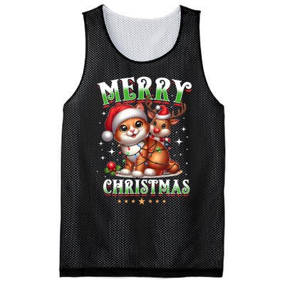 Merry Christmas Cat & Reindeer Santa Fairy Lights Xmas Tank Top Mesh Reversible Basketball Jersey Tank