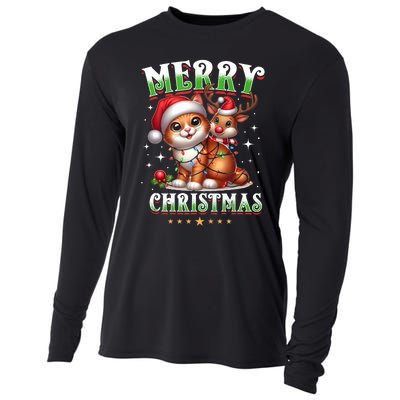 Merry Christmas Cat & Reindeer Santa Fairy Lights Xmas Tank Top Cooling Performance Long Sleeve Crew