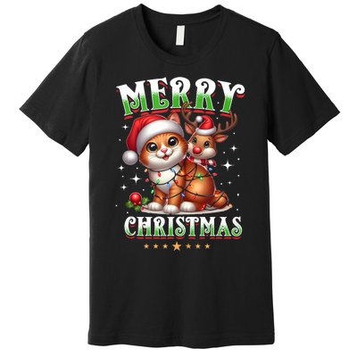 Merry Christmas Cat & Reindeer Santa Fairy Lights Xmas Tank Top Premium T-Shirt