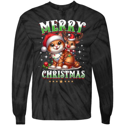 Merry Christmas Cat & Reindeer Santa Fairy Lights Xmas Tank Top Tie-Dye Long Sleeve Shirt