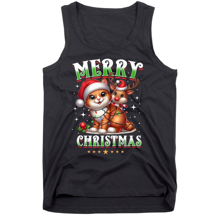 Merry Christmas Cat & Reindeer Santa Fairy Lights Xmas Tank Top Tank Top