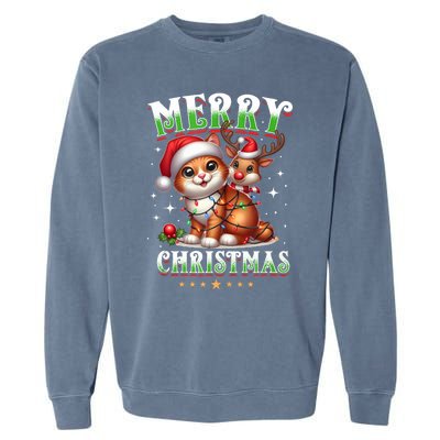 Merry Christmas Cat & Reindeer Santa Fairy Lights Xmas Tank Top Garment-Dyed Sweatshirt