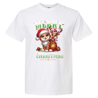 Merry Christmas Cat & Reindeer Santa Fairy Lights Xmas Tank Top Garment-Dyed Heavyweight T-Shirt