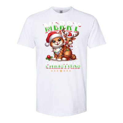 Merry Christmas Cat & Reindeer Santa Fairy Lights Xmas Tank Top Softstyle CVC T-Shirt