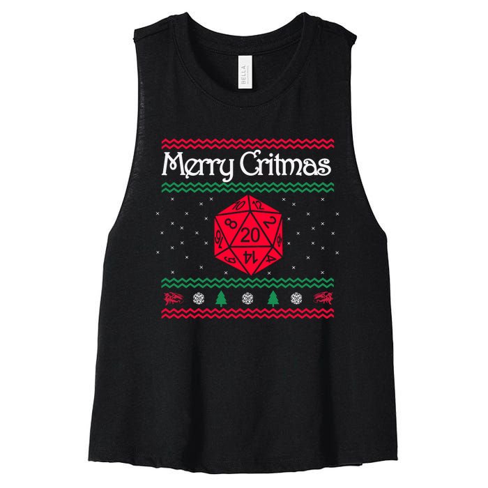 Merry Critmas Christmas D20 Rpg Board Game Role Play Women's Racerback Cropped Tank