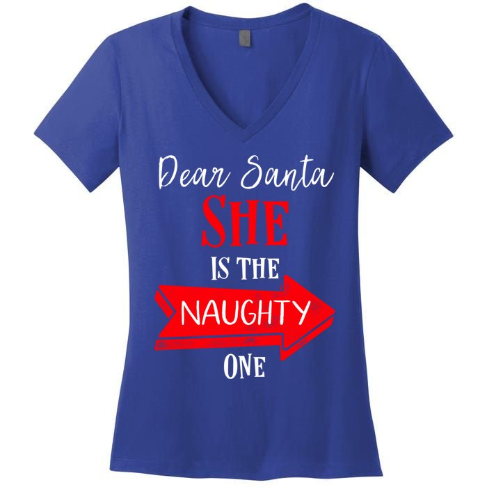 Matching Christmas Couples Sweater She Is The Naughty One Gift Women's V-Neck T-Shirt