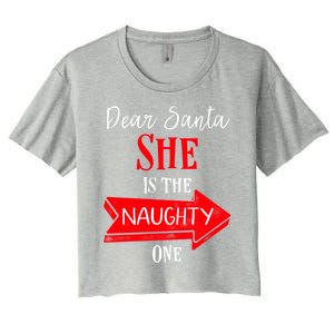 Matching Christmas Couples Sweater She Is The Naughty One Gift Women's Crop Top Tee