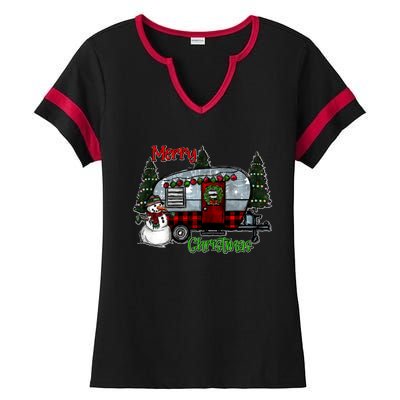 Merry Christmas Camper Light Snowman Hippie Christmas Tree Ladies Halftime Notch Neck Tee