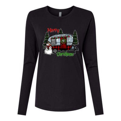 Merry Christmas Camper Light Snowman Hippie Christmas Tree Womens Cotton Relaxed Long Sleeve T-Shirt