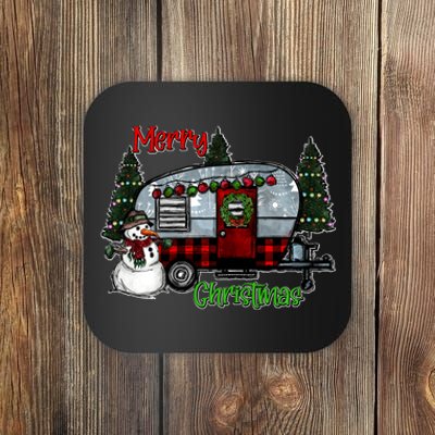 Merry Christmas Camper Light Snowman Hippie Christmas Tree Coaster