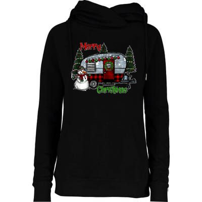 Merry Christmas Camper Light Snowman Hippie Christmas Tree Womens Funnel Neck Pullover Hood