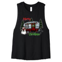 Merry Christmas Camper Light Snowman Hippie Christmas Tree Women's Racerback Cropped Tank