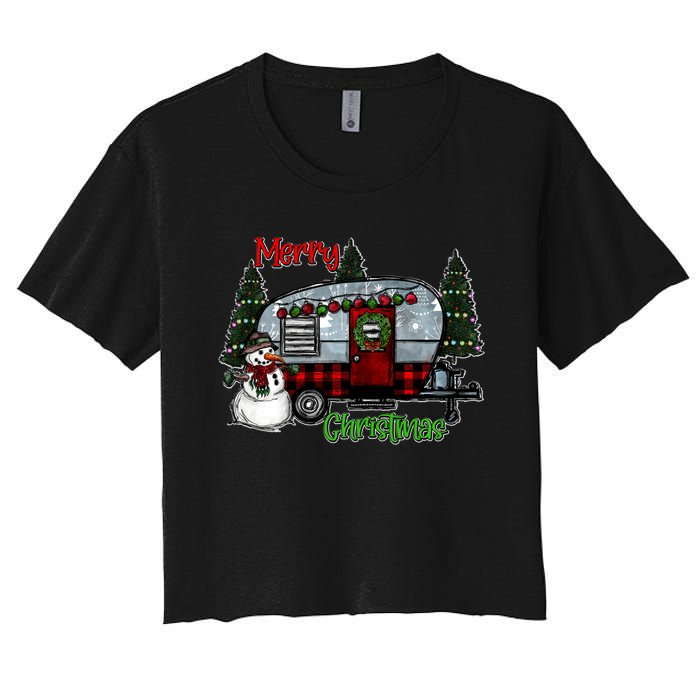 Merry Christmas Camper Light Snowman Hippie Christmas Tree Women's Crop Top Tee