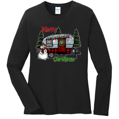 Merry Christmas Camper Light Snowman Hippie Christmas Tree Ladies Long Sleeve Shirt