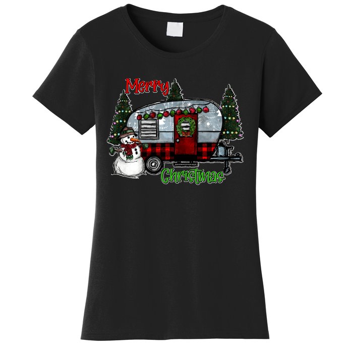 Merry Christmas Camper Light Snowman Hippie Christmas Tree Women's T-Shirt