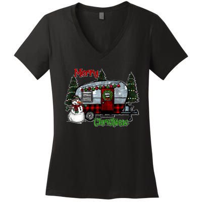 Merry Christmas Camper Light Snowman Hippie Christmas Tree Women's V-Neck T-Shirt